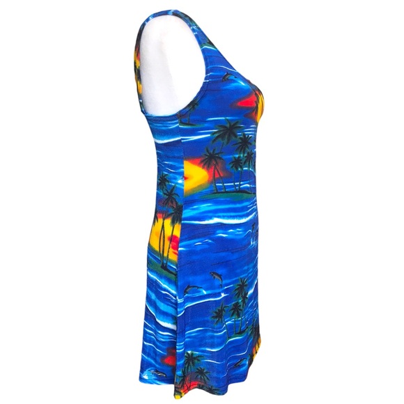 Womens Vintage Y2K Size Large Sleeveless Mesh Summer Tropical Print Mini Dress - Picture 2 of 11